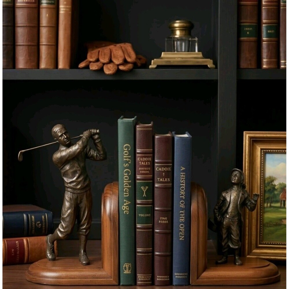 Golf Player & Caddy Bookends Set of 2, Bronze Metal & Wood, Bronze Finish Brown
